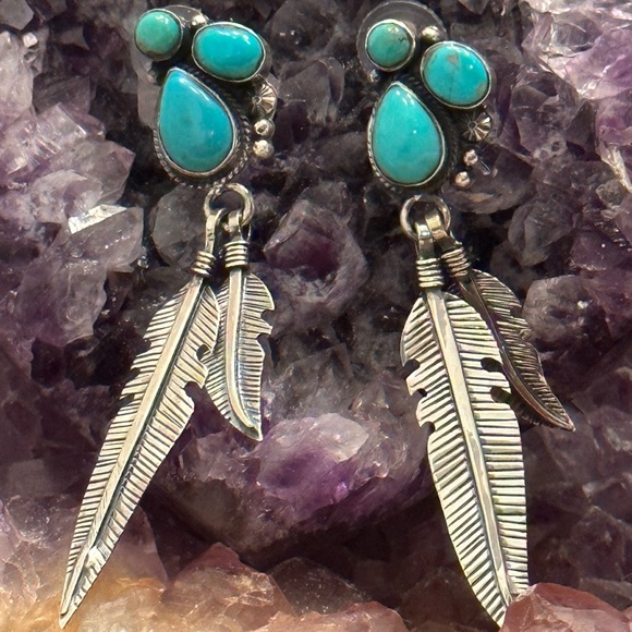 Turquoise long feather sterling silver dangle earrings